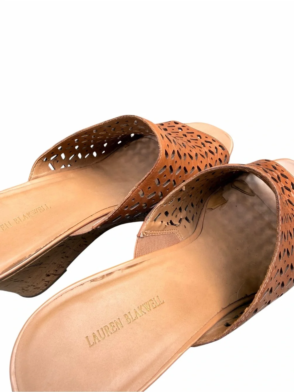 Lauren Blakwell Women’s 11 Tan Ilene Perforated Cork Wedge Slide Sandals Boho